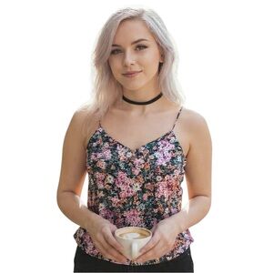 Victoria's Secret Floral Camisole in Pink and Black Satin Feel NWOT M